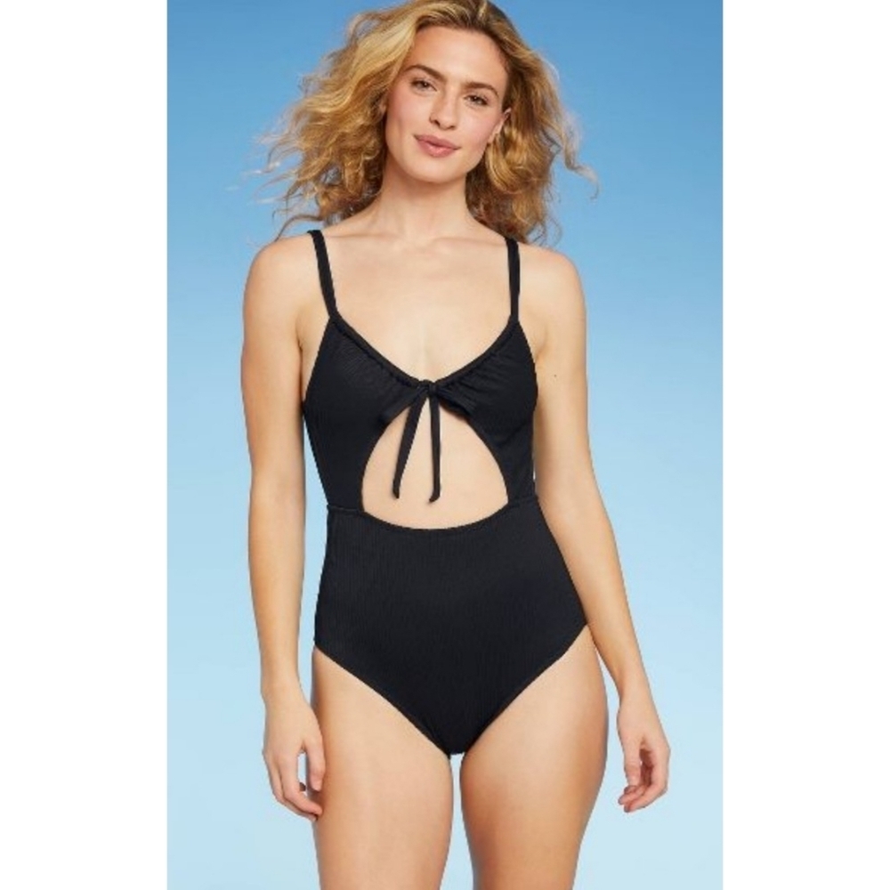 Shade & Shore Ribbed Tunnel tie front Cut out 1 piece swimsuit Black Size XS